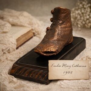 Antique 1905 Bronzed Baby Booty Heirloom Victorian Infant Shoe Display